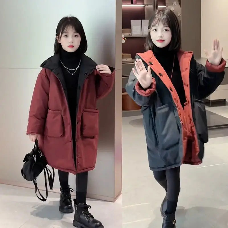 Two-in-One Reversible Winter Coat for Girls 2025 New Arrival Plus-Size Thermal Insulated Kids Jacket Thickened Middle-Length
