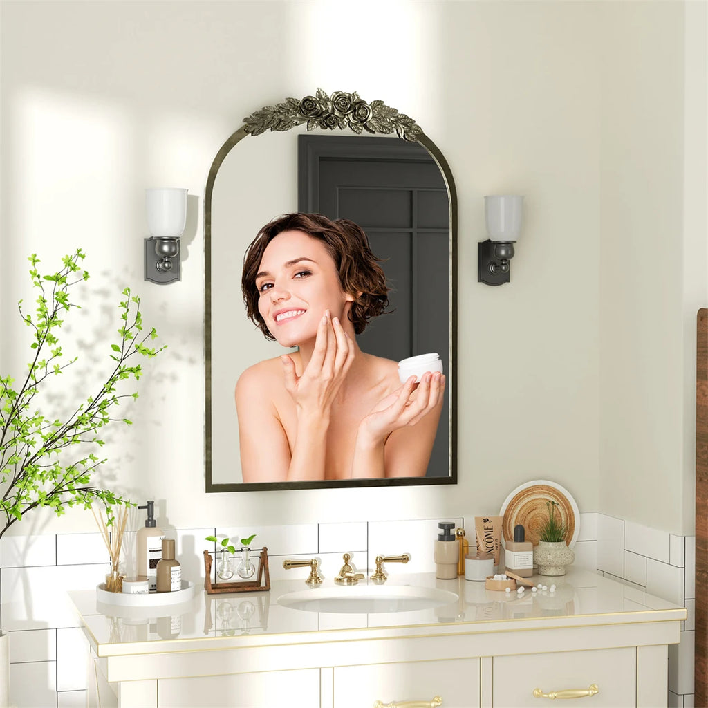 Antique Wall Mirror Vintage Baroque Arched Brass Mirror with Flower Relief Metal Edge Frame Decor for Entryway Hall Bathroom