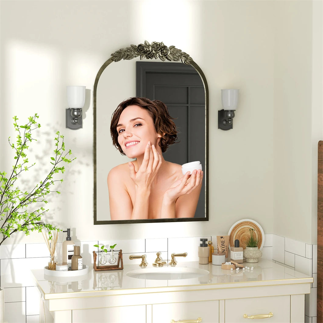 Antique Wall Mirror Vintage Baroque Arched Brass Mirror with Flower Relief Metal Edge Frame Decor for Entryway Hall Bathroom