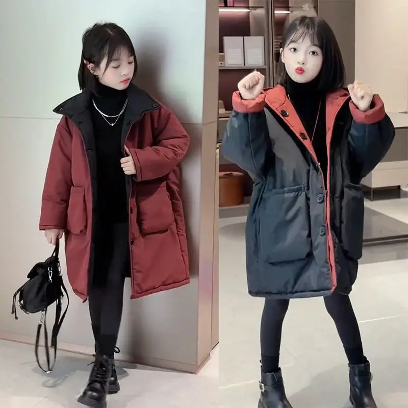 Two-in-One Reversible Winter Coat for Girls 2025 New Arrival Plus-Size Thermal Insulated Kids Jacket Thickened Middle-Length