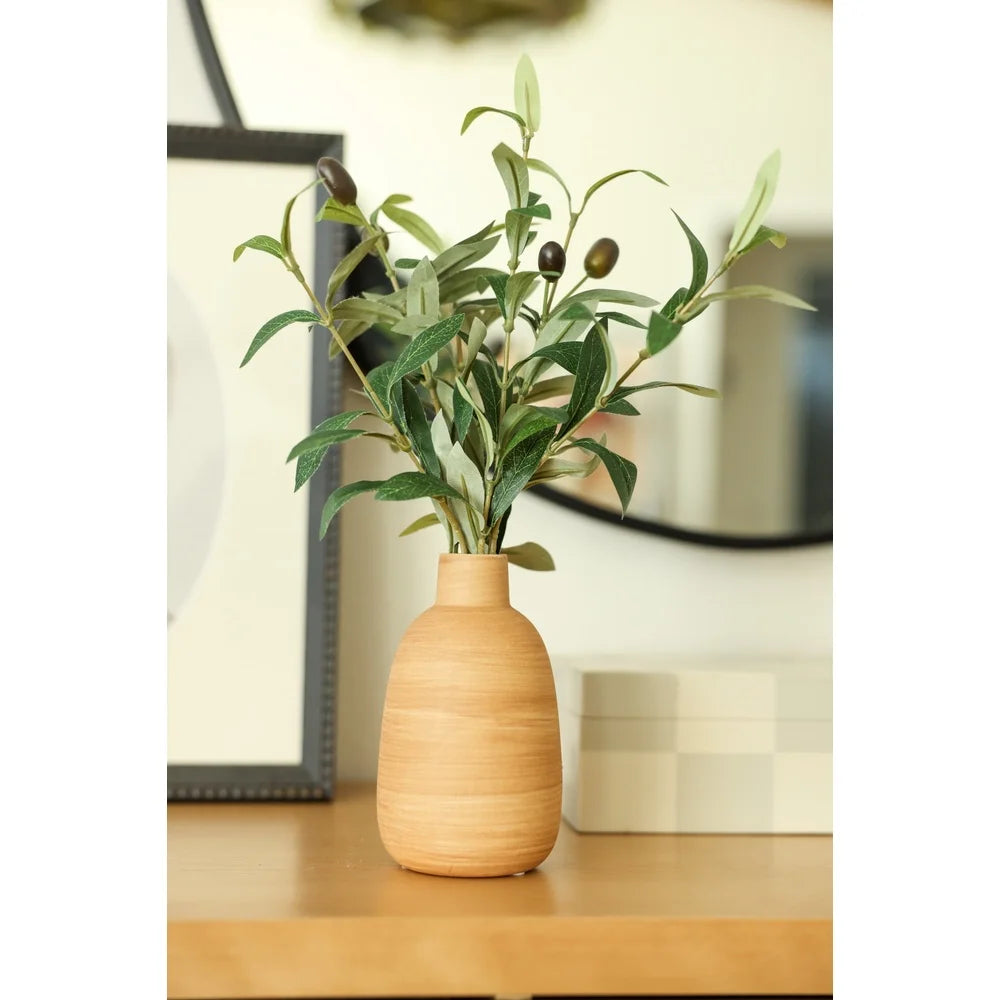 15 Inch Artificial Olive Potted Plant in Wood Finish Vase Home Office Decor Tabletop Accent Piece Realistic Foliage