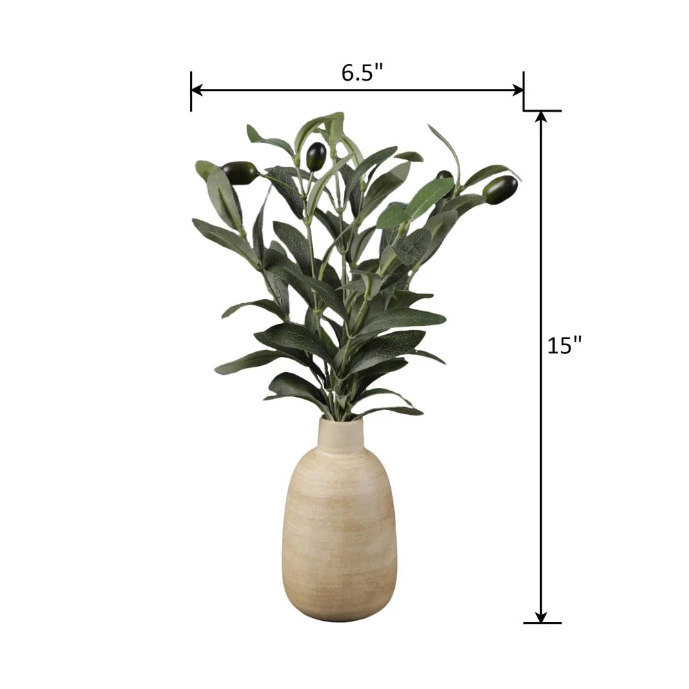 15 Inch Artificial Olive Potted Plant in Wood Finish Vase Home Office Decor Tabletop Accent Piece Realistic Foliage