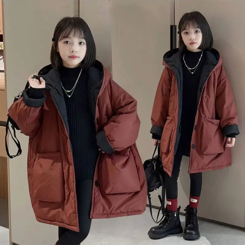Two-in-One Reversible Winter Coat for Girls 2025 New Arrival Plus-Size Thermal Insulated Kids Jacket Thickened Middle-Length