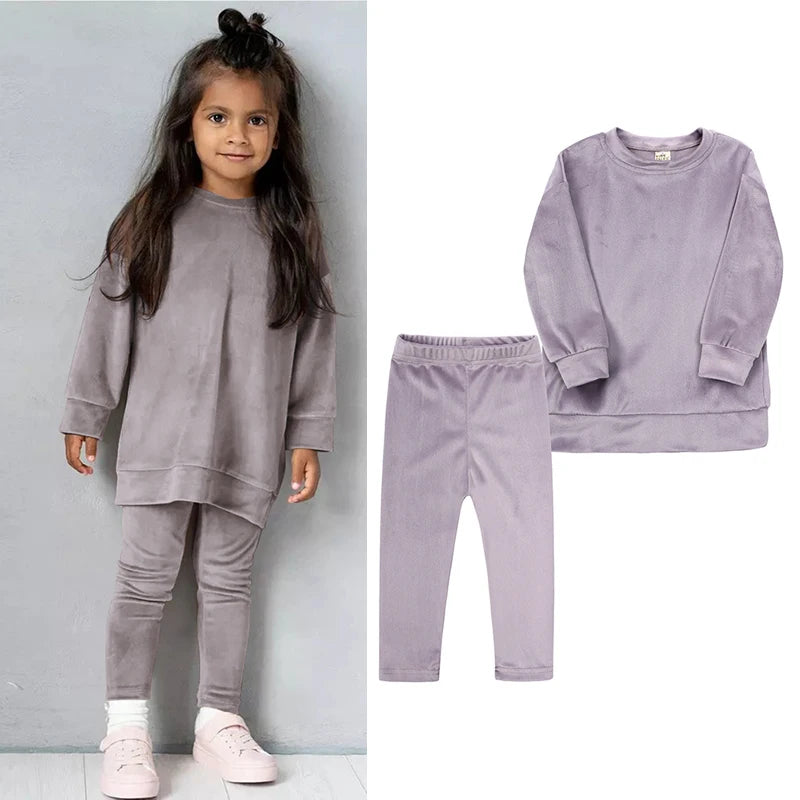Spring Kids Girl Velvet Suit Long Sleeve Pants