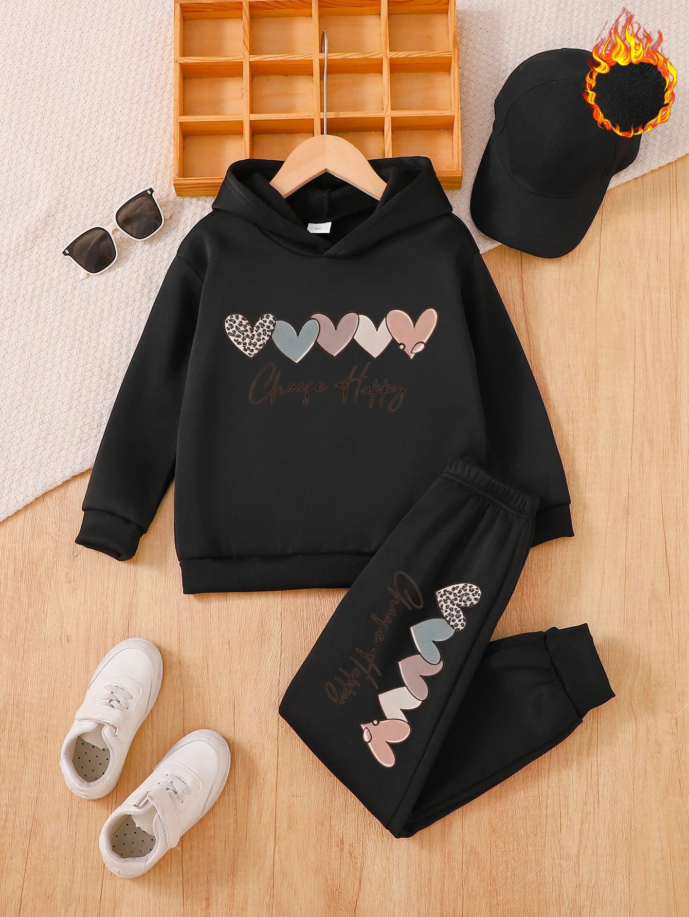 Girls with velvet 2-piece casual set for autumn and winter, letter love print autumn and winter loose style for children