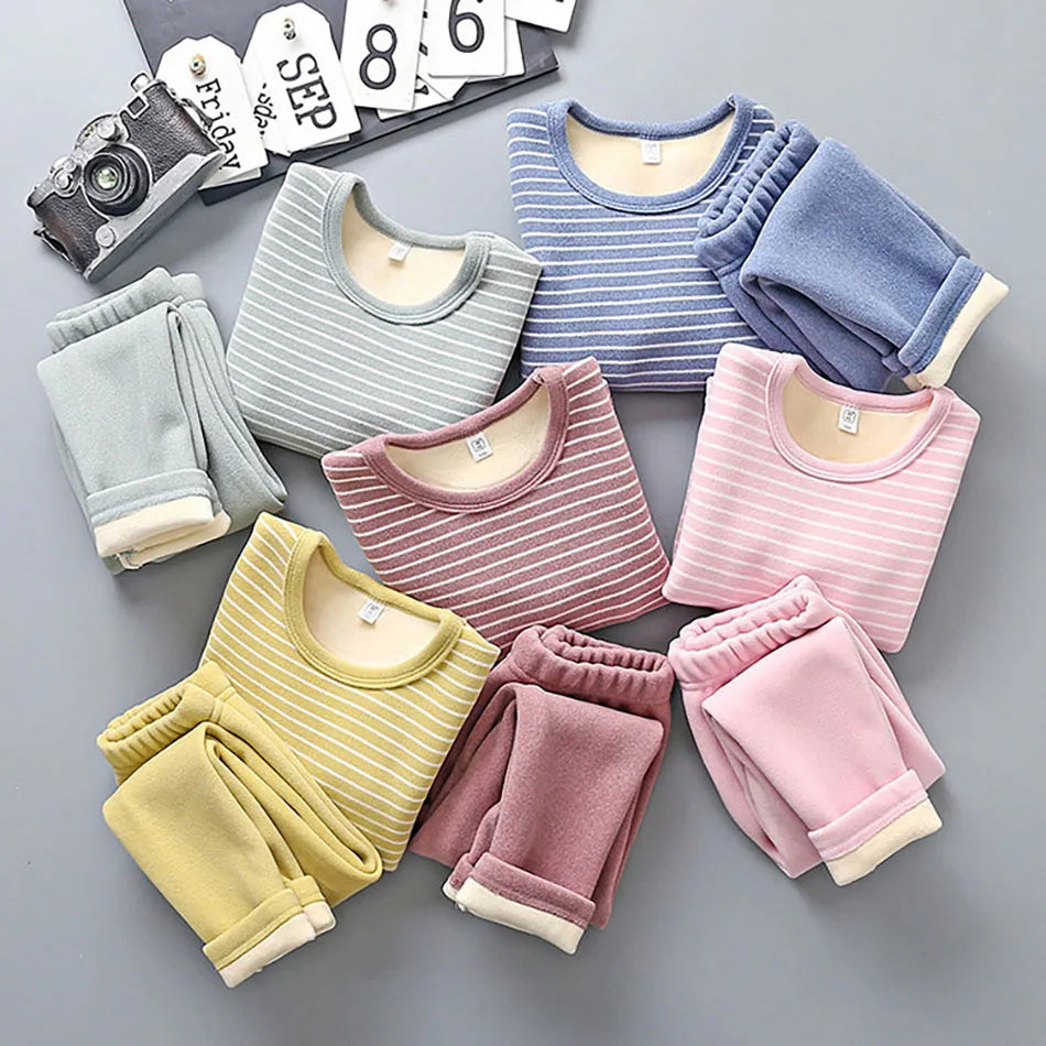 Cozy Warmth Plush Lined Children Striped Pajama Sets