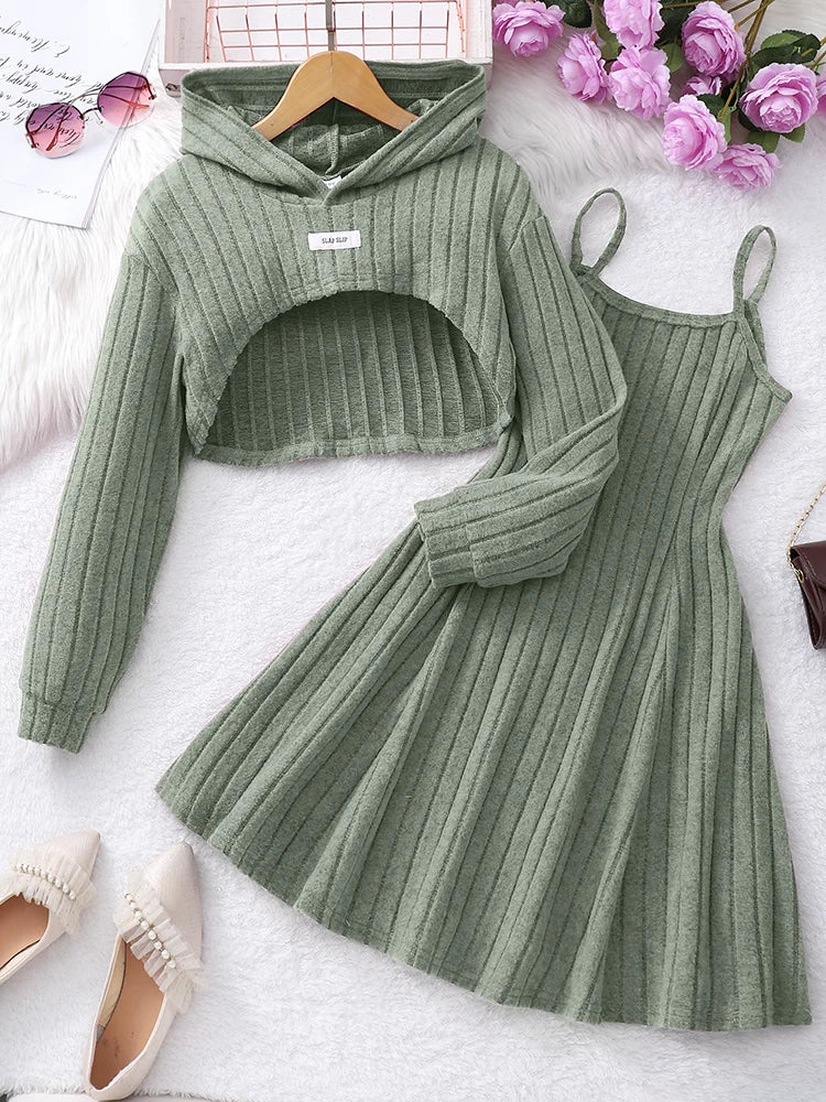 Autumn And Winter Women's And Children's Casual Fashionable Elegant Short Top&Dress Two-Piece Set