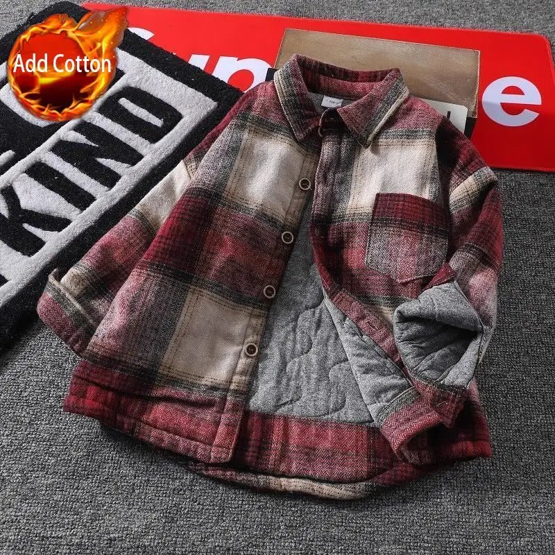 Autumn Winter Boys' Fleece Lined Quilted Shirt