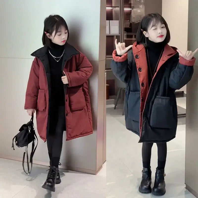 Two-in-One Reversible Winter Coat for Girls 2025 New Arrival Plus-Size Thermal Insulated Kids Jacket Thickened Middle-Length