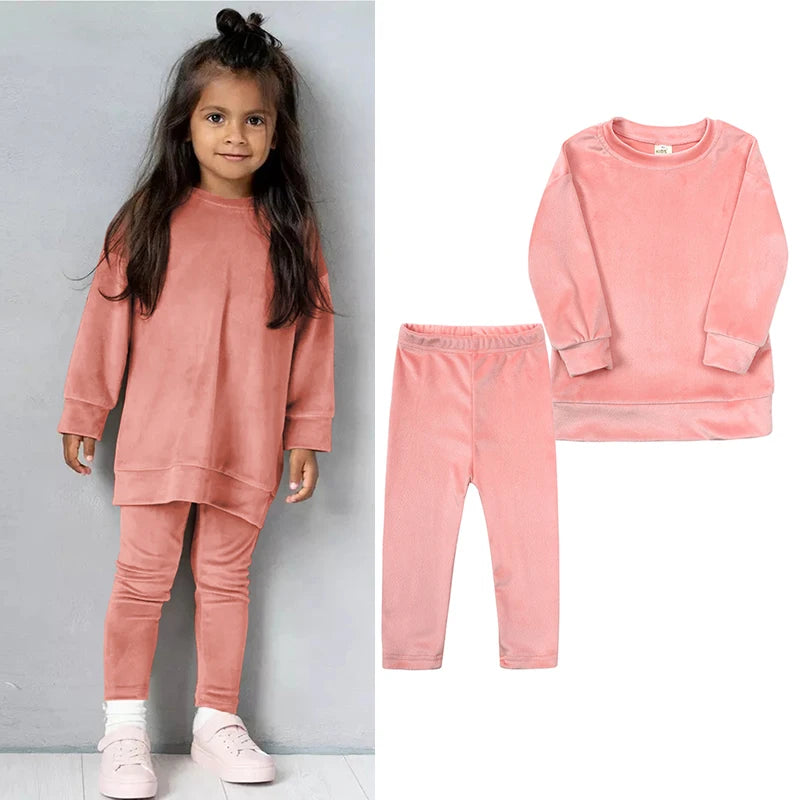 Spring Kids Girl Velvet Suit Long Sleeve Pants