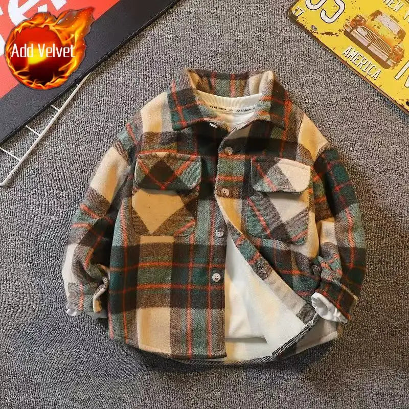 Autumn Winter Boys' Fleece Lined Quilted Shirt