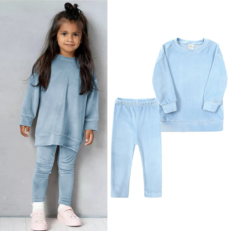 Spring Kids Girl Velvet Suit Long Sleeve Pants