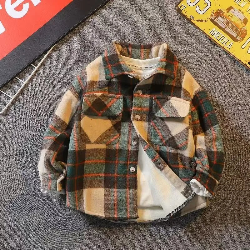 Autumn Winter Boys' Fleece Lined Quilted Shirt