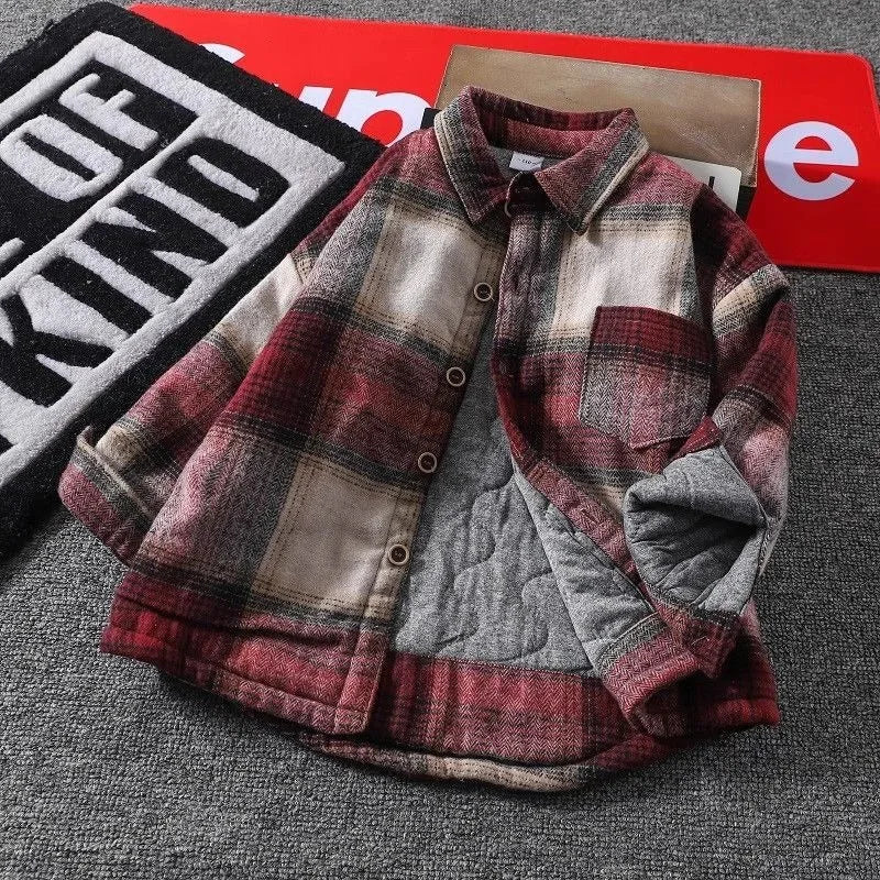 Autumn Winter Boys' Fleece Lined Quilted Shirt