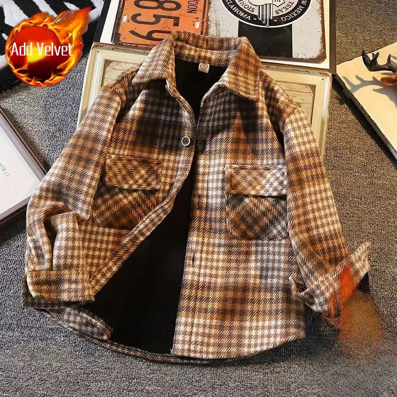 Autumn Winter Boys' Fleece Lined Quilted Shirt