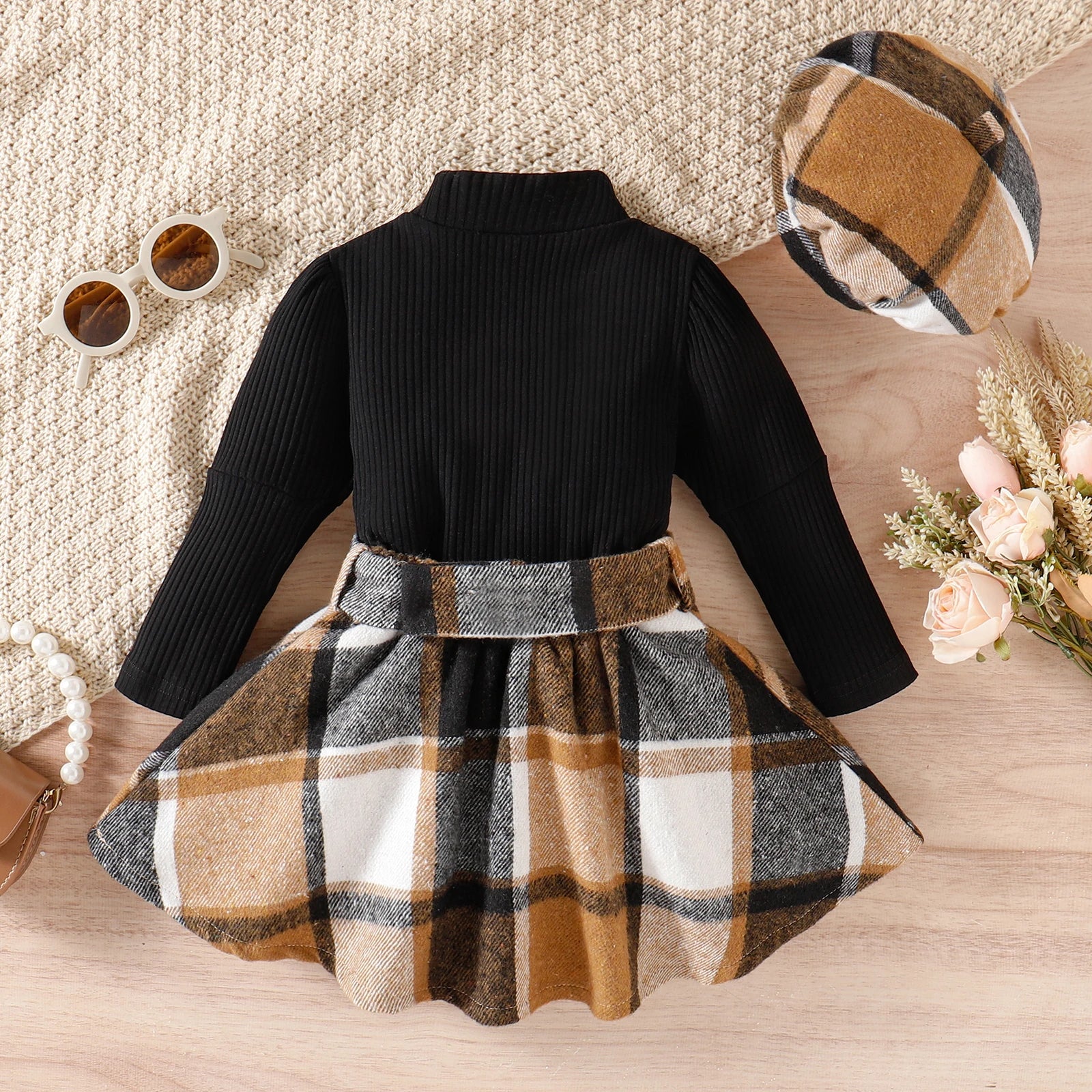 3PCS Autumn And Winter Girls Aged 1-4 Are Fashionable And Foreign, Solid Color High-Collar Long-Sleeved Top + Plaid Skirt + Hat