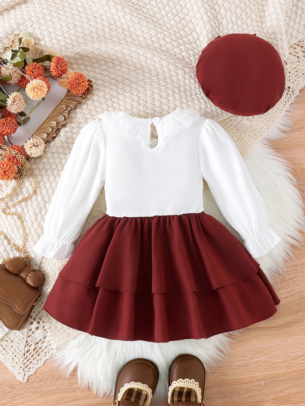 3PCS Autumn 0-3 Speed Girls And Babies Have Comfortable Foreign Style And Sweet Solid Color Lace Collar Top + Skirt + Hat Set
