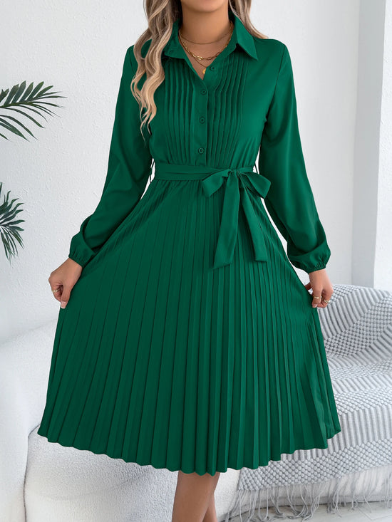 Pleated Tie Waist Dress