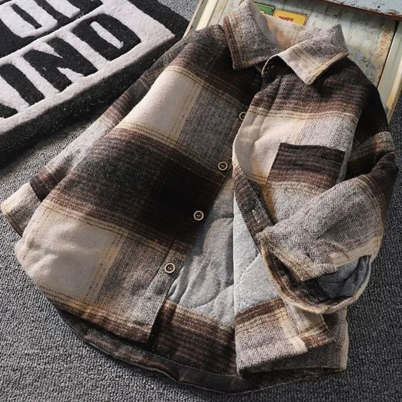 Autumn Winter Boys' Fleece Lined Quilted Shirt