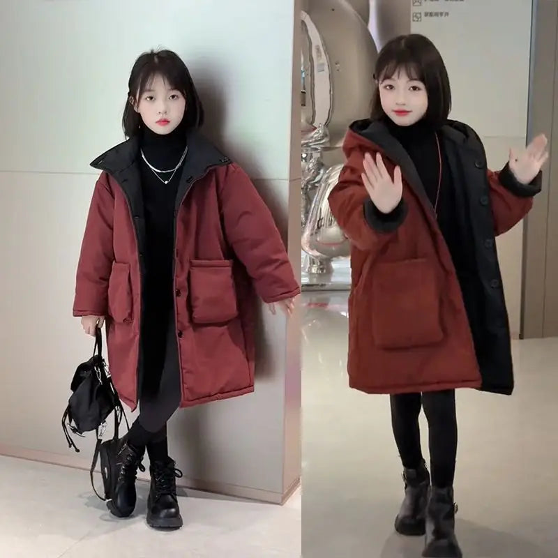 Two-in-One Reversible Winter Coat for Girls 2025 New Arrival Plus-Size Thermal Insulated Kids Jacket Thickened Middle-Length