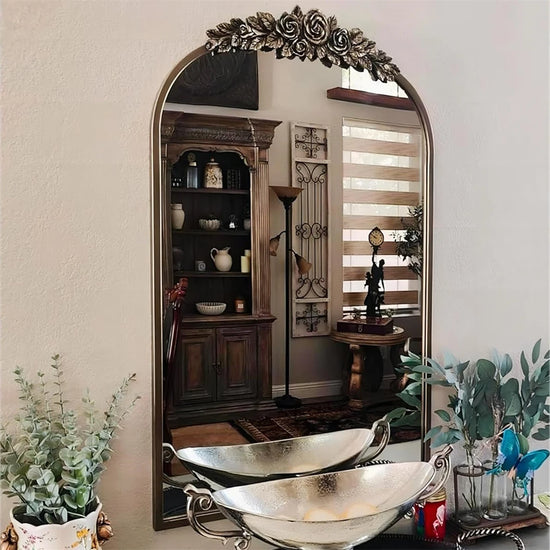 Antique Wall Mirror Vintage Baroque Arched Brass Mirror with Flower Relief Metal Edge Frame Decor for Entryway Hall Bathroom