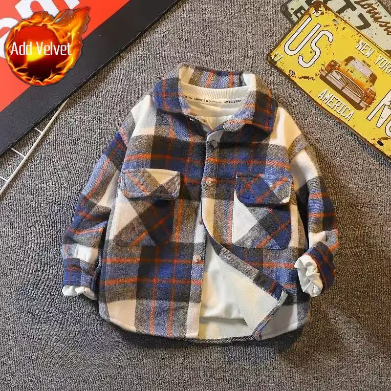 Autumn Winter Boys' Fleece Lined Quilted Shirt