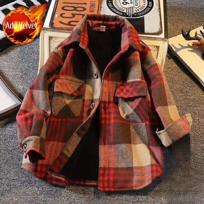 Autumn Winter Boys' Fleece Lined Quilted Shirt