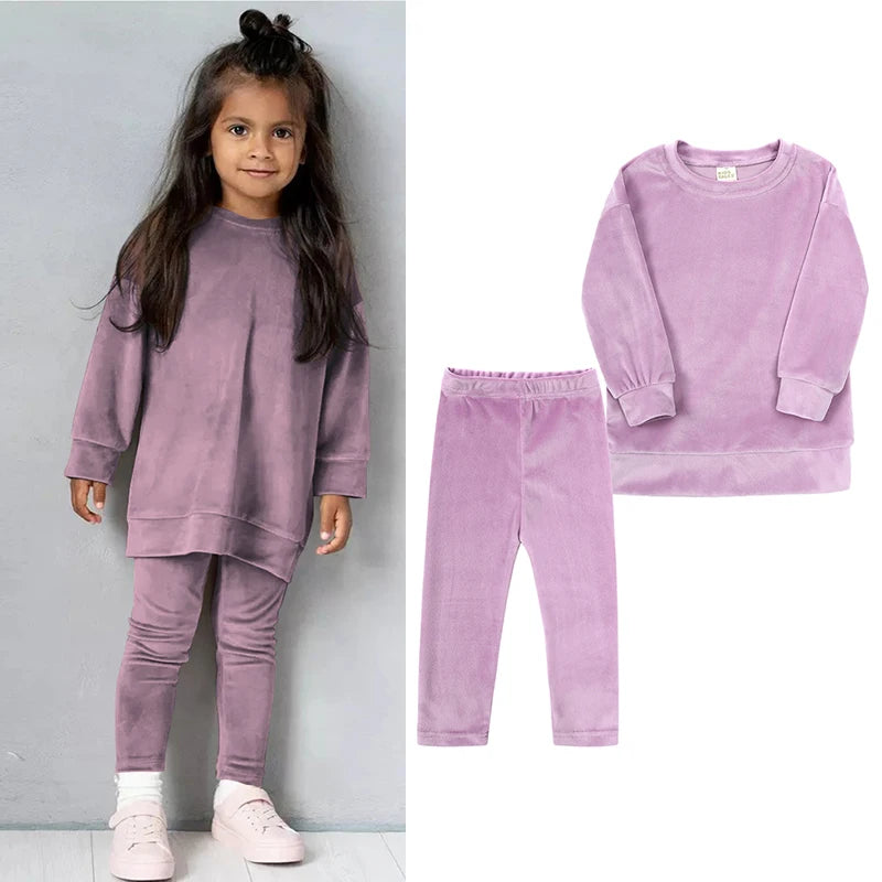 Spring Kids Girl Velvet Suit Long Sleeve Pants